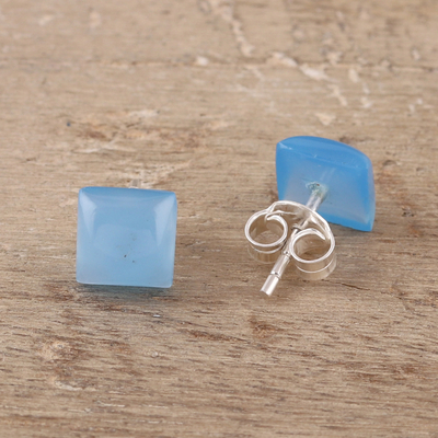 Chalcedony stud earrings, 'Contemporary Corners' - Square Blue Chalcedony Stud Earrings from India