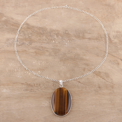 Tiger's eye pendant necklace, 'Oval Layers' - Oval Tiger's Eye Pendant Necklace from India