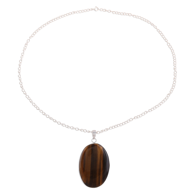 Tiger's eye pendant necklace, 'Oval Layers' - Oval Tiger's Eye Pendant Necklace from India