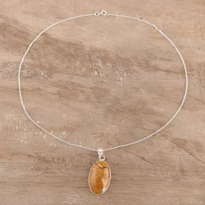 Agate pendant necklace, 'Earth Flair' - Brown Oval Agate Pendant Necklace Crafted in India