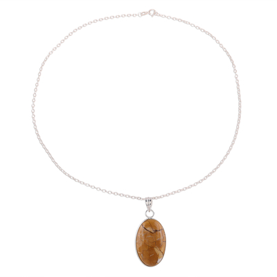 Agate pendant necklace, 'Earth Flair' - Brown Oval Agate Pendant Necklace Crafted in India
