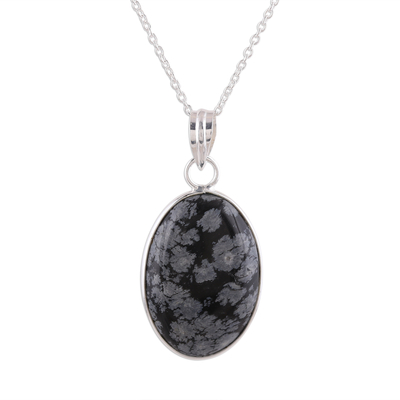 Agate pendant necklace, 'Midnight Oval' - Black and Grey Oval Agate Pendant Necklace from India
