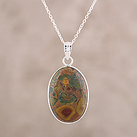 Agate pendant necklace, 'Mermaid Colors' - Oval Agate Pendant Necklace in Brown and Green from India