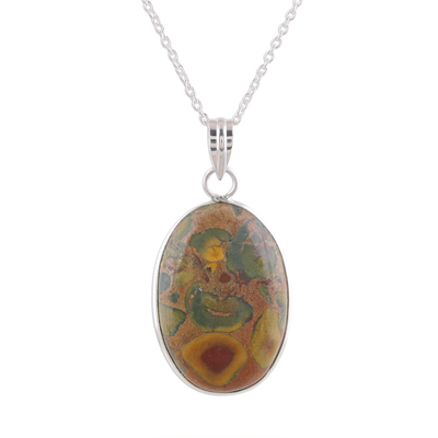 Oval Agate Pendant Necklace in Brown and Green from India