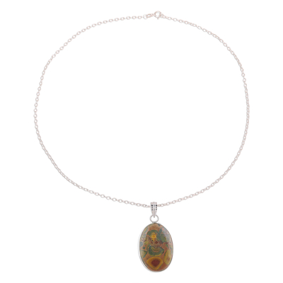 Agate pendant necklace, 'Mermaid Colors' - Oval Agate Pendant Necklace in Brown and Green from India