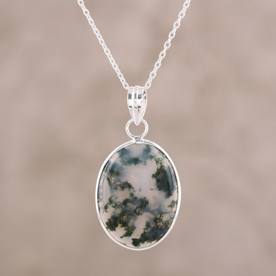 Agate pendant necklace, 'Green Clouds' - Dendritic Agate Pendant Necklace in Green from India