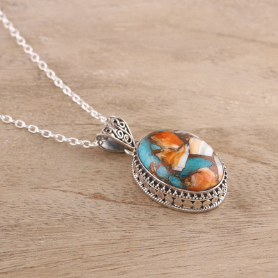 Sterling silver pendant necklace, 'Royal Oval' - Sterling Silver and Oval Composite Turquoise Necklace