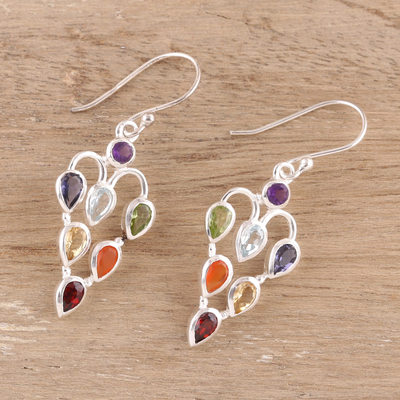 Multi-gemstone dangle earrings, 'Chakra Sparkle' - 2.6-Carat Multi-Gemstone Chakra Dangle Earrings from India