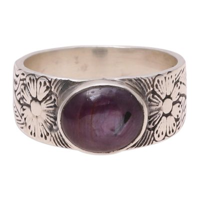 Ruby band ring, 'Lovely Flair' - Oval Ruby Floral Band Ring Crafted in India