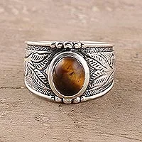 Tiger's eye band ring, 'Suave Earth' - Leaf Motif Tiger's Eye Band Ring from India