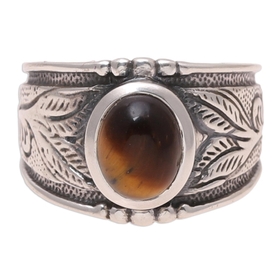 Tiger's eye band ring, 'Suave Earth' - Leaf Motif Tiger's Eye Band Ring from India