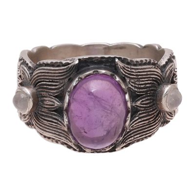 Amethyst and rainbow moonstone band ring, 'Peaceful Glimmer' - Amethyst and Rainbow Moonstone Band Ring from India
