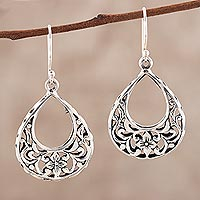Sterling silver dangle earrings, 'Droplet Beauty' - Drop-Shaped Floral Sterling Silver Dangle Earrings