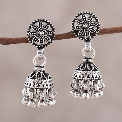 Sterling silver chandelier earrings, 'Flowering Jhumki' - Floral Jhumki Sterling Silver Chandelier Earrings from India