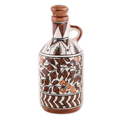 Ceramic bottle, 'Kujra Garden in Brown' - Hand-Painted Floral Ceramic Bottle in Brown from India