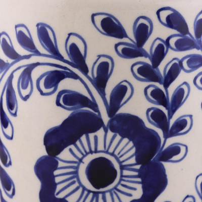 Ceramic bottle, 'Blue Khurja' - Khurja-Style Blue Floral Ceramic Bottle from India