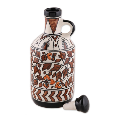 Ceramic bottle, 'Kujra Garden in Black' - Hand-Painted Floral Ceramic Bottle in Black from India