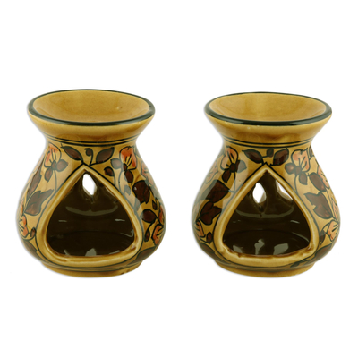 Ceramic oil warmers, 'Floral Aroma' (pair) - Amber Floral Motif Ceramic Oil Warmers from India (Pair)