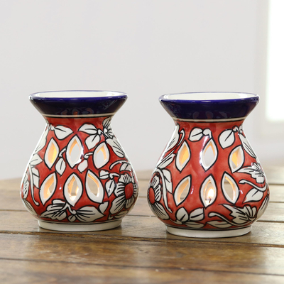 Ceramic oil warmers, 'Floral Scent' (pair) - Red Floral Motif Ceramic Oil Warmers from India (Pair)