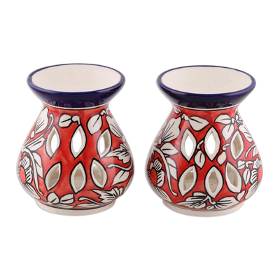 Red Floral Motif Ceramic Oil Warmers from India (Pair)