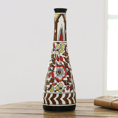 Ceramic decorative vase, 'Spring Royalty' - Colorful Floral Ceramic Decorative Vase from India