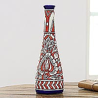 Ceramic decorative vase, 'Royal Retreat in Red' - Leaf Motif Ceramic Decorative Vase in Red from India