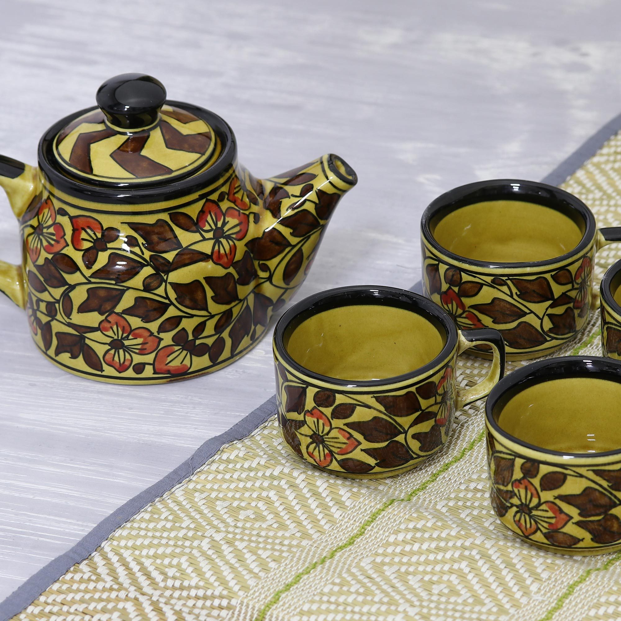 Green Floral Ceramic Tea Set from India (Set for 4) Fantastic Flowers