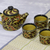 Ceramic tea set, 'Fantastic Flowers in Green' (set for 4) - Green Floral Ceramic Tea Set from India (Set for 4)