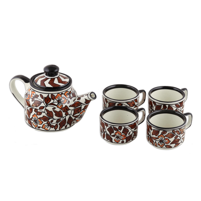 Ceramic tea set, 'Fantastic Flowers in White' (set for 4) - Brown Floral Ceramic Tea Set from India (Set for 4)