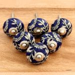 Ceramic knobs, 'Blue Homestead' (set of 6) - Blue Floral Ceramic Knobs from India (Set of 6)