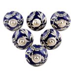Ceramic knobs, 'Blue Homestead' (set of 6) - Blue Floral Ceramic Knobs from India (Set of 6)