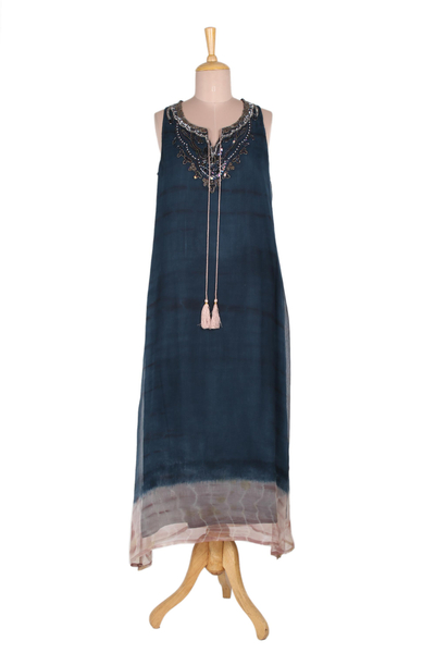 Vestido veraniego de viscosa tie-dye - Vestido veraniego de viscosa con teñido anudado en azul celeste de India