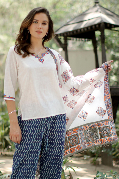 Block-printed cotton shawl, 'Mughal Glory' - Block-Printed Cotton Shawl from India