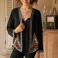 Beaded jacket, 'Midnight Glitz' - Black Jacket with Metallic Beadwork from India