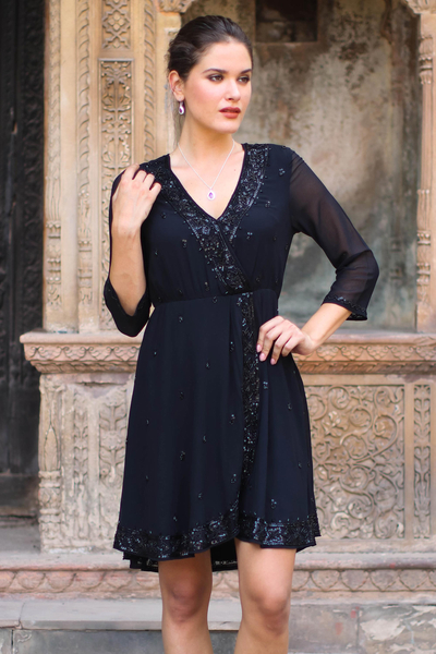 Beaded viscose dress, 'Georgette Glamour' - Embellished Viscose Dress from India