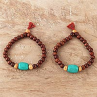 Wood beaded stretch bracelets, 'Joy of Friendship' (pair) - Wood Stretch Bracelets from India (Pair)