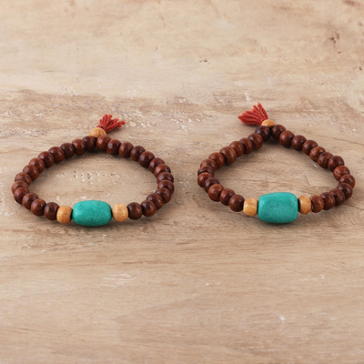Wood beaded stretch bracelets, 'Joy of Friendship' (pair) - Wood Stretch Bracelets from India (Pair)