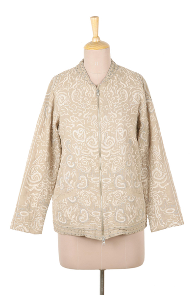 Cotton embroidered jacket, 'Agra Afternoon' - Embroidered Cotton Bomber Style Jacket