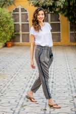 Viscose pants, 'Navy Sophistication' - Dusty Grey Viscose Pants with Navy Accents from India