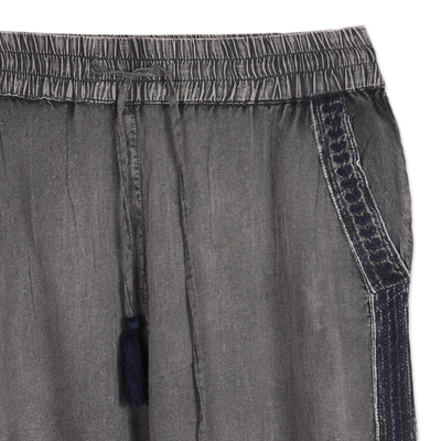 Viscose pants, 'Navy Sophistication' - Dusty Grey Viscose Pants with Navy Accents from India