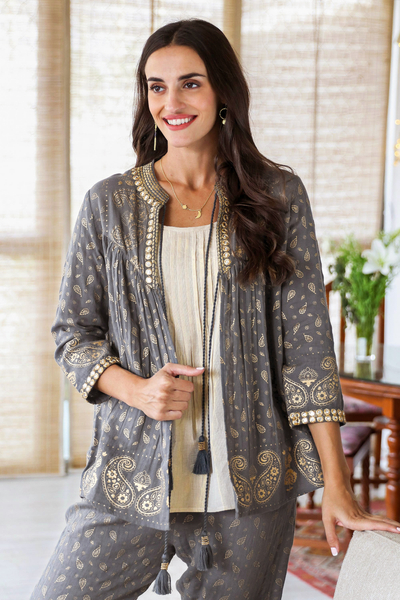 Block-printed cotton jacket, 'Paisley Elegance' - Paisley Motif Block-Printed Cotton Jacket from India