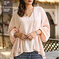 Embroidered Cotton Blend Tunic in Peach from India,'Peach Glamour'