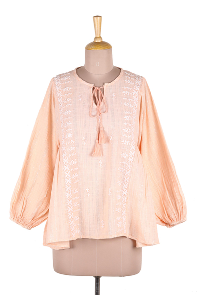 Cotton blend tunic, 'Peach Glamour' - Embroidered Cotton Blend Tunic in Peach from India