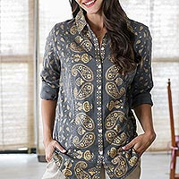 Block-printed cotton blouse, 'Golden Paisley' - Paisley Motif Block-Printed Cotton Shirt from India
