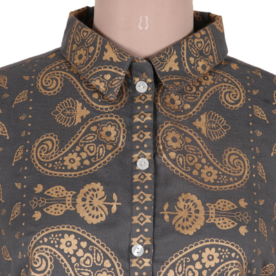 Block-printed cotton blouse, 'Golden Paisley' - Paisley Motif Block-Printed Cotton Shirt from India