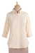Cotton and linen blend blouse, 'Sparkling Elegance' - Embroidered Cotton and Linen Blend Shirt with Mirror Accents