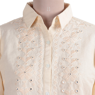 Blusa mezcla de algodón y lino - Camisa de mezcla de lino y algodón bordada con detalles de espejo