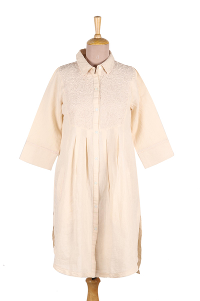 Cotton and linen blend shirt dress, 'Alabaster Bliss' - Embroidered Cotton and Linen Blend Shirt Dress
