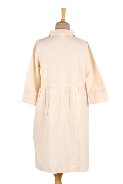 Cotton and linen blend shirt dress, 'Alabaster Bliss' - Embroidered Cotton and Linen Blend Shirt Dress