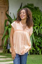 Embroidered cotton blouse, 'Peach Charm' - Embroidered Cotton Blouse in Peach from India